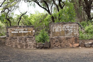 Eine Mauer, geziert mit einem Eingangsschild zeigt den Weg zu den Mzima Quellen