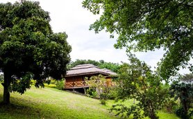 Ein malerisches Holzhaus mit Strohdach, umgeben von üppigem Grün und Bäumen, unter einem bewölkten Himmel.