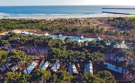 Eine Luftaufnahme zeigt ein Hotel inmitten von hohen Bäumen, umgeben von einem schönen Strand und dem Ozean im Hintergrund.