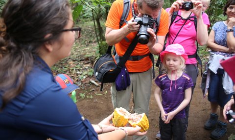Reisegruppe entdeckt Kakaofrucht bei La Tirimbina – Costa Rica Familienreise