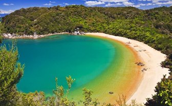 Eine malerische Bucht mit klarem, türkisfarbenem Wasser und feinem Sandstrand, umgeben von üppigem Grün.
