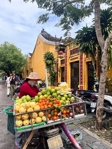 Bunter Obststand auf dem Markt in Hoi An – Vietnam Familienreise