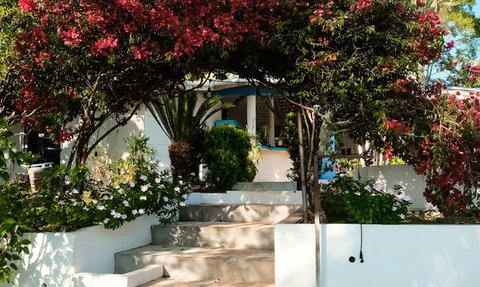 Ein einladender Eingang mit blühenden Bougainvillea und einer Treppe, die zu einem hellen, freundlichen Gebäude führt.