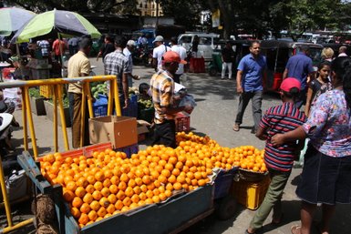 Händler verkauft frische Orangen an einem bunten Marktstand in Kandy – Sri Lanka Familienreise