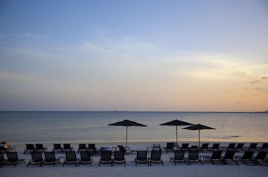 Eine ruhige Strandlandschaft mit Liegen und Sonnenschirmen, die sanft im Abendlicht beleuchtet werden.
