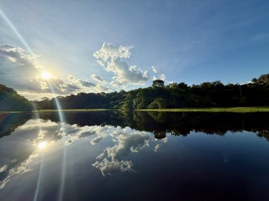 Ein Sonnenaufgang erleuchtet den Amazonas mit warmen Lichtstrahlen, die sanft über das ruhige Wasser reflektieren.