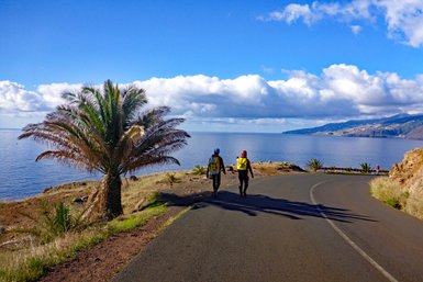 Zwei Personen mit Rucksäcken gehen entlang einer Küstenstraße, umgeben von Palmen und Blick auf das Meer.