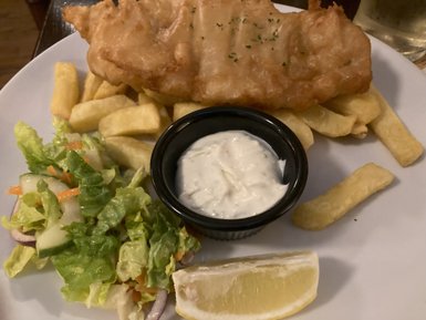 Ein Teller mit knusprigem Fischfilet, goldenen Pommes frites und frischem Salat, garniert mit einer Zitronenscheibe.