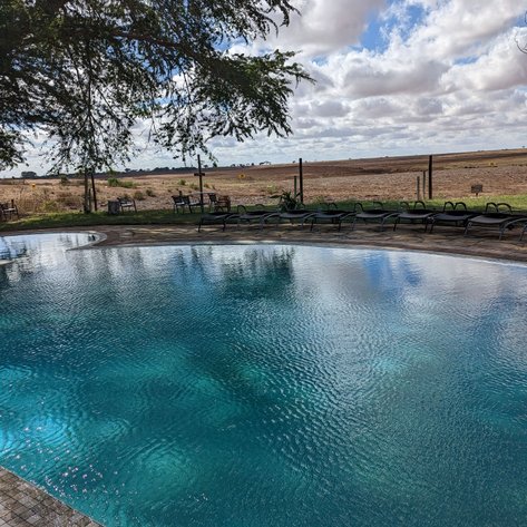 Ein glitzernder Pool spiegelt den Himmel mit Wolken wider, umgeben von einer ruhigen Landschaft und bequemen Liegen.