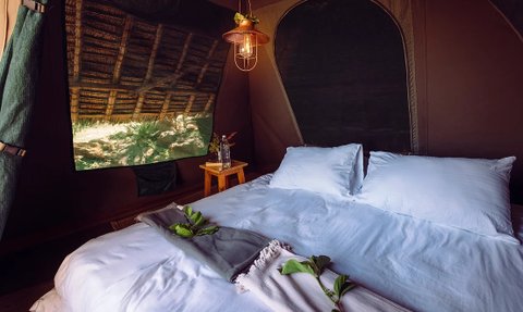 Ein gemütliches Zeltinnere mit einem großen Bett, umgeben von sanften Farben und einer warmen Atmosphäre.