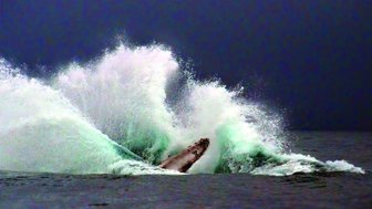 Ein Buckelwal springt aus dem Wasser, während große Wellen auf ihn zuschlagen, umgeben von einem dramatischen, dunklen Himmel.