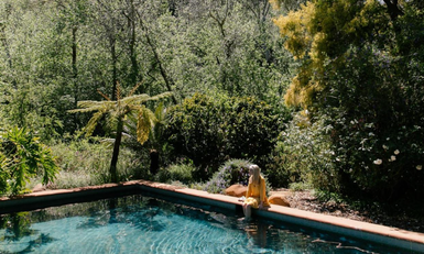 Eine Person mit langen, grauen Haaren sitzt am Rand eines klaren Pools, umgeben von üppigem Grün und bunten Pflanzen.