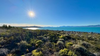 Ein strahlender Sonnenschein über dem Lago Argentino, umgeben von üppiger Vegetation und sanften Hügeln im Hintergrund.