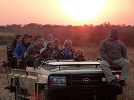 Reisegruppe im offenen Safari-Jeep entdeckt die Tierwelt bei Nacht – Südafrika mit Kindern
