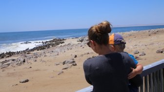 Eine Mutter beobachtet mit ihrem Kind Seehunde am Ufer - Namibia Rundreise mit Kindern