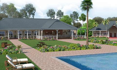 Ein einladendes Lodge-Gebäude mit einem großen Veranda, umgeben von üppigem Grün und bunten Blumenbeeten.