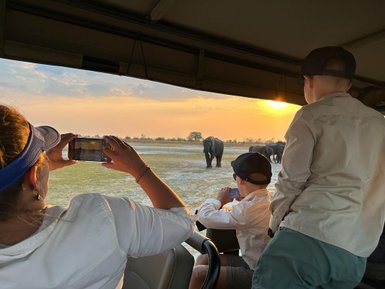 Eine Familie beobachtet Elefanten während einer Safari-Tour im Moremi Game Reserve bei Sonnenuntergang.