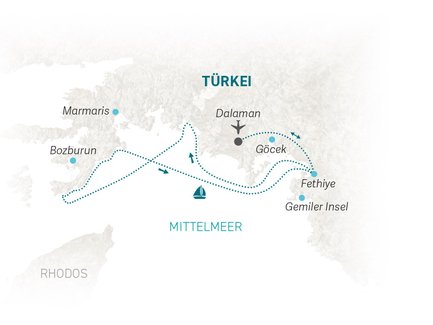 Eine Karte der türkischen Küste zeigt wichtige Orte wie Dalaman, Fethiye und Göcek, umgeben vom Mittelmeer.