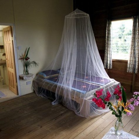 Ein gemütliches Schlafzimmer mit einem Bett, das von einem Moskitonetz umgeben ist, und bunten Blumen auf dem Tisch.