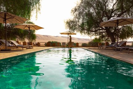 Erfrischender Pool im Thousand Nights Camp mit Blick auf die goldenen Sanddünen – Oman mit Kindern