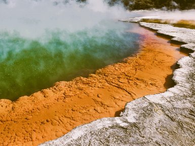 Ein lebendiger Thermalpool mit leuchtend grünem Wasser und orangefarbenem Rand, umgeben von dampfenden Mineralien.
