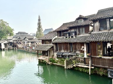 Eine malerische Wasserstraße in Wuzhen, umgeben von traditionellen Holzhäusern und üppigem Grün am Ufer.