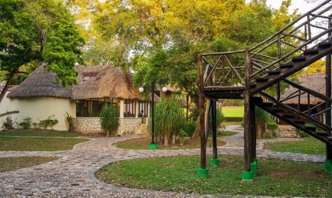 Eine malerische Landschaft mit strohgedeckten Hütten, umgeben von üppigem Grün und einem geschwungenen Steinweg.