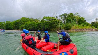Eine Gruppe von vier Personen paddelt in einem roten Raftingboot auf einem grünen Fluss, umgeben von üppiger Vegetation.
