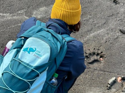 Eine Person mit einer gelben Mütze untersucht aufmerksam die Spuren im Sand, während sie auf dem Boden sitzt.