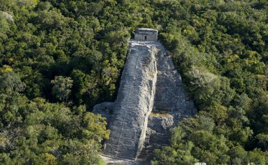 Eine beeindruckende Maya-Pyramide erhebt sich über den dichten Dschungel, umgeben von üppigem Grün und Bäumen.