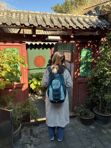 Eine Person mit einem Rucksack steht vor einem traditionellen Hutong-Eingang, umgeben von Pflanzen und historischem Flair.