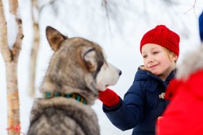 Ein fröhliches Kind mit rotem Hut streichelt einen Husky in einer verschneiten Umgebung, umgeben von Bäumen.