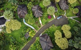 Eine Luftaufnahme zeigt ein tropisches Resort mit mehreren Hütten, umgeben von üppigem Grün und bunten Blumen.
