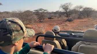 Gruppe auf Safari beobachtet ein Nashorn aus nächster Nähe im Makutsi Game Reserve – Südafrika Reise mit Kindern