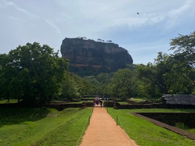 Weg führt durch die Natur mit freiem Blick auf den Sigiriya-Felsen – Sri Lanka Familienreise
