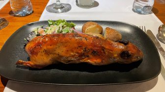 Ein gebratenes Meerschweinchen liegt auf einem schwarzen Teller, umgeben von frischem Salat und kleinen Kartoffeln.
