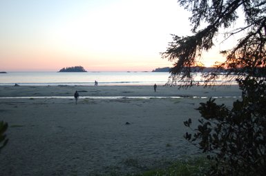 Ein ruhiger Strand bei Sonnenuntergang, mit sanften Wellen und einer kleinen Insel im Hintergrund, die von Bäumen umrahmt wird.
