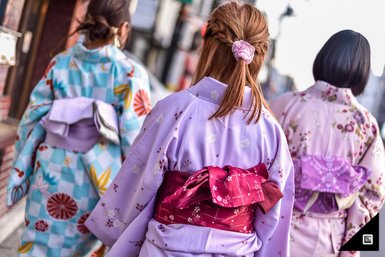 Drei Frauen in traditionellen Kimonos gehen durch eine belebte Straße, ihre bunten Rückansichten sind gut sichtbar.