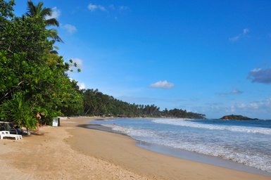 Palmen säumen den feinsandigen Strand vor dem Mirissa Beach Inn – Sri Lanka Reise mit Kindern