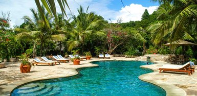 Ein einladender Pool umgeben von üppigen Palmen und bunten Blumen, ideal für entspannende Tage im Freien.