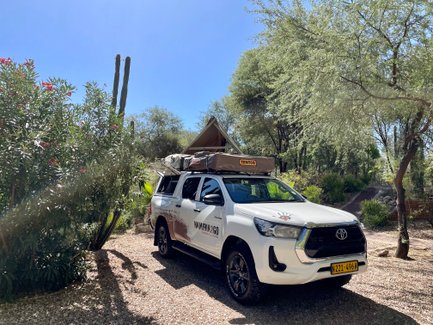 Ein weißes Auto mit Dachzelt steht zwischen Bäumen und Kakteen - Namibia mit Kindern