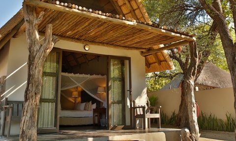 Ein gemütliches Lodge-Zimmer mit einem Strohdach, das von Bäumen umgeben ist und eine einladende Veranda bietet.