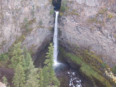 Ein majestätischer Wasserfall stürzt in eine tiefe Schlucht, umgeben von üppigen, grünen Bäumen und steilen Felswänden.