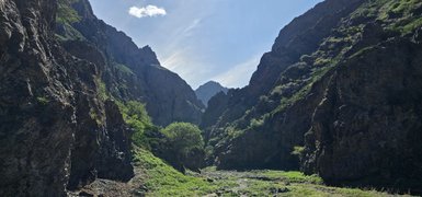 Eine beeindruckende Schlucht in den Bergen, umgeben von steilen Felsen und üppigem Grün, unter einem klaren blauen Himmel.