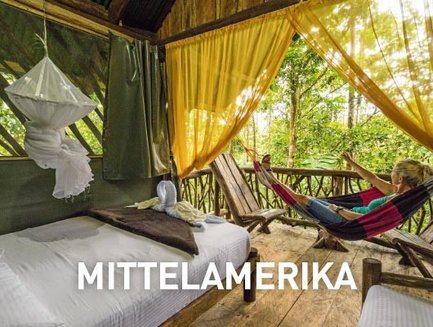 Ein gemütlicher Raum in einem Holzhaus, umgeben von üppiger Natur, mit einer Frau, die entspannt in einer Hängematte sitzt.