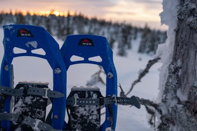 Zwei blaue Schneeschuhe stehen im Vordergrund, während die Sonne hinter einer verschneiten Landschaft aufgeht.