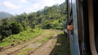 Mann lehnt aus dem Fenster eines blauen Zuges während der Fahrt – Sri Lanka Familienreise