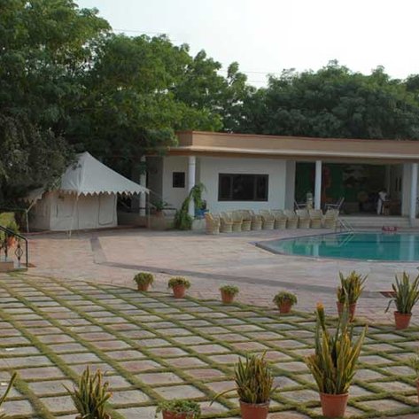 Ein ruhiger Poolbereich in einem Resort, umgeben von gepflegten Pflanzen und einem einladenden Ambiente.