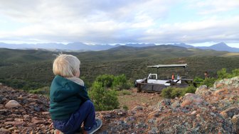 Kind blickt neugierig auf die Landschaft in der Buffelsdrift Game Lodge – Garden Route mit Kindern