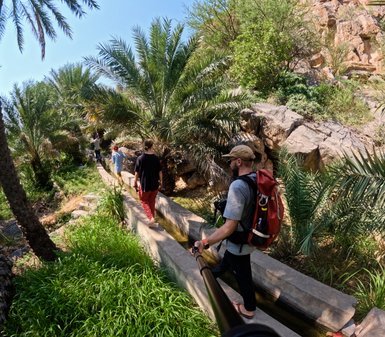 Familie spaziert zwischen Palmen im Dorf Misfat Al Abriyeen – Oman Familienreise